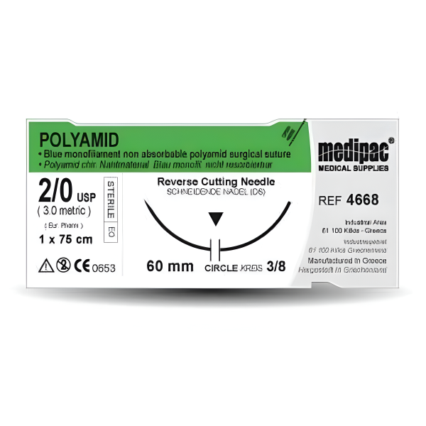 Ραμμα Medipac μη απορροφησιμο ναιλον Polyamid 2/0 μηκους 75cm με βελονα 36mm κοπτουσα 3/8 κυκλου 4664 Ραμμα Medipac μη απορροφησιμο ναιλον Polyamid 2/0 μηκους 75cm με βελονα 36mm κοπτουσα 3/8 κυκλου 4664